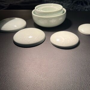 Porcelain 9 pc Dresser or Vanity Set. Stackable 5 Bowls 4 lids. Celadon Green.